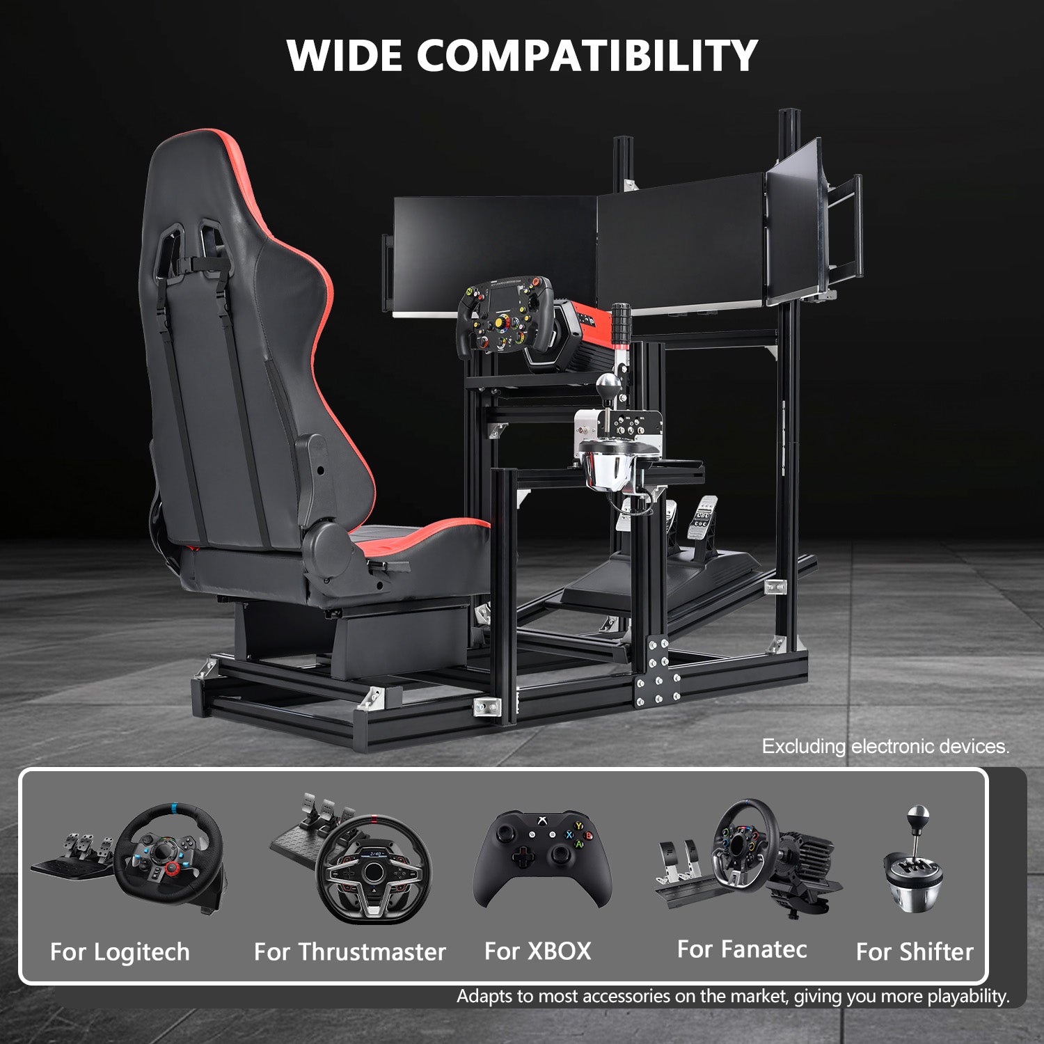 Minneer 4080 Aluminium Profile Racing Sim Cockpit with Red Seat and Triple Monitor Stand, Fully Adjustability, Fit for Logitech,Thrustmaster, Fanatec G29 G923 T248,  Not Include Steering Wheel,Pedals,Handbrake