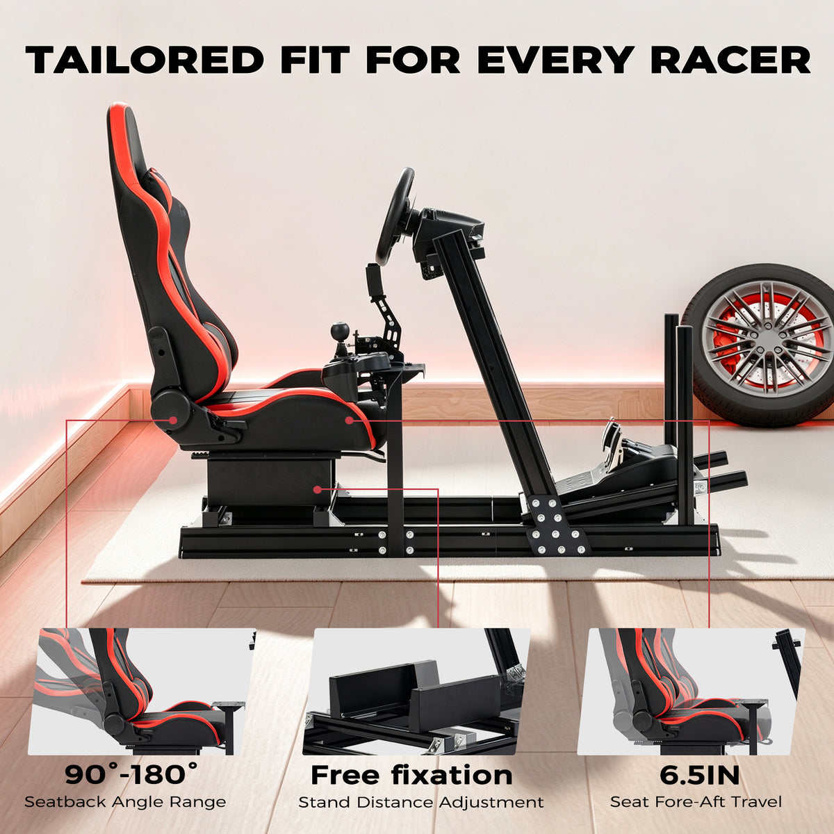 Minneer 4080 Aluminum Profile Racing Simulator Cockpit with Red Seat, Fully Adjustability, Fit for Logitech G920 & G923, Xbox, Thrustmaster T300Rs, Sim Frame 8040, without Steering Wheel, Pedals and Handbrak