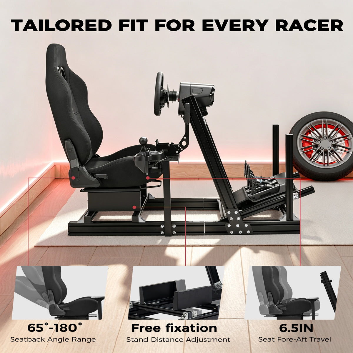 Minneer Racing Simulaor Cockpit 4080 Aluminum Profile with Black Seat , Unlimited Adjustment, Fit for Logitech/Thrustmaster/Fanatec/Moza G920,G923 ,No Handbrake,Pedals,Steering Wheel