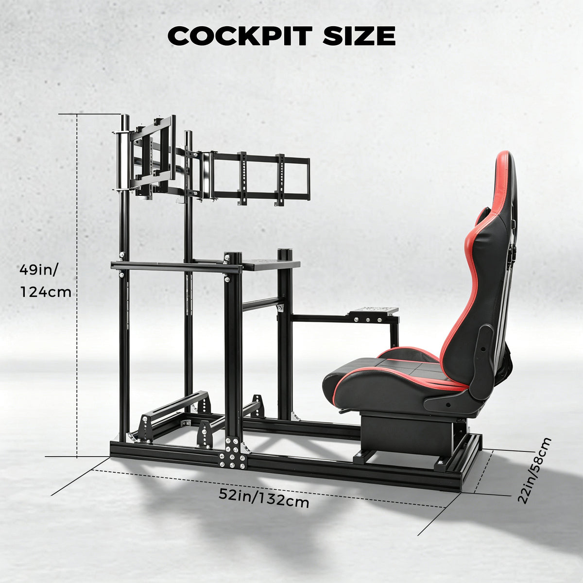 Minneer 3060 Aluminum Profiles Racing Simulator Cockpit with Red Seat and Triple Monitor Stand , Fully Adjustable, Fit for Logitech G29 G923, Steering Wheel, Pedals, and Hand Brake Not Included