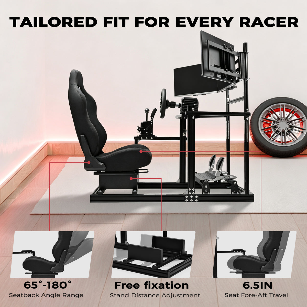 Minneer 3060 Aluminum Profiles Racing Simulator Cockpit with Black Seat and Triple Monitor Stand , Fully Adjustable, Fit for Logitech G29 G923, Steering Wheel, Pedals, and Hand Brake Not Included