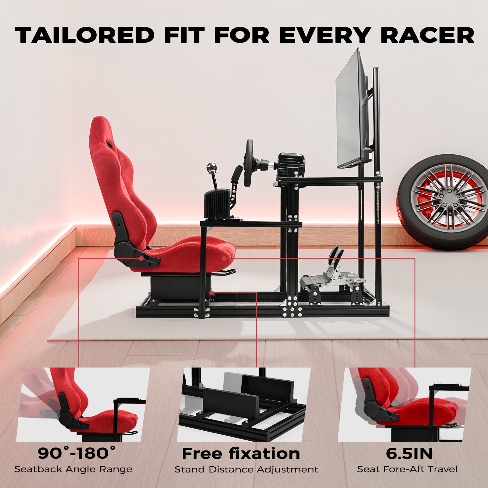 Minneer 3060&3030 Aluminium Racing Simulator Cockpit with Red Suede Seat, Fit for Fanatec, for Logitech, for Thrustmaster, Racing Stand with TV Stand, Not Include Steering Wheel, Pedals, Handbrake