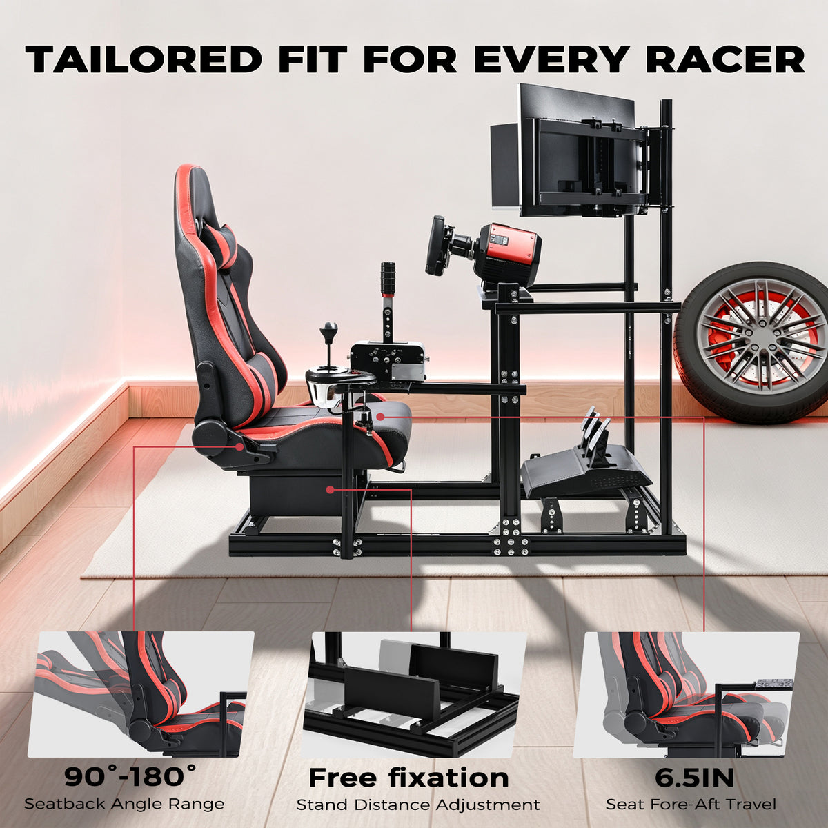 Minneer 3060 Aluminum Profiles Racing Simulator Cockpit with Red Seat and Triple Monitor Stand , Fully Adjustable, Fit for Logitech G29 G923, Steering Wheel, Pedals, and Hand Brake Not Included