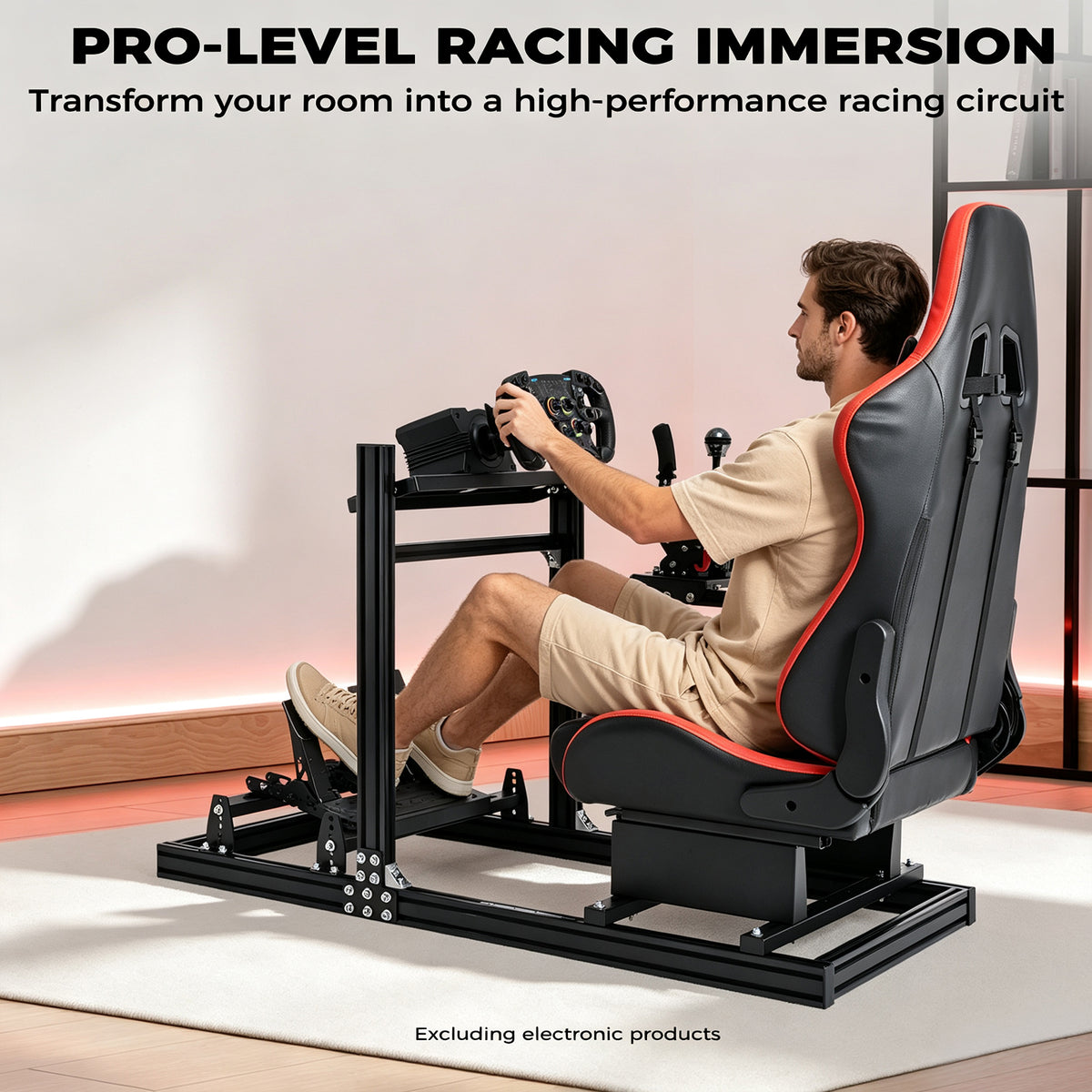 Minner Aluminum  3060 Profile Racing Simulator Cockpit with Red Seat , Unlimited Adjustment, Fit for Thrustmaster, Fanatec, Moza, Logitech G29 GPro,  Sim Frame 3040，Not Include Steering,Wheel,Pedals,Handbrake