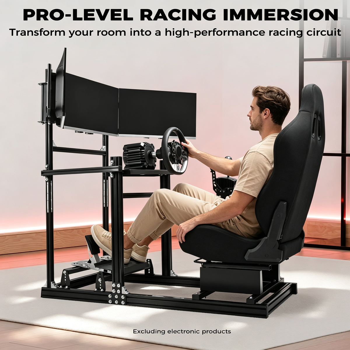Minneer 3060 Aluminum Profiles Racing Simulator Cockpit with Black Seat and Triple Monitor Stand , Fully Adjustable, Fit for Logitech G29 G923, Steering Wheel, Pedals, and Hand Brake Not Included