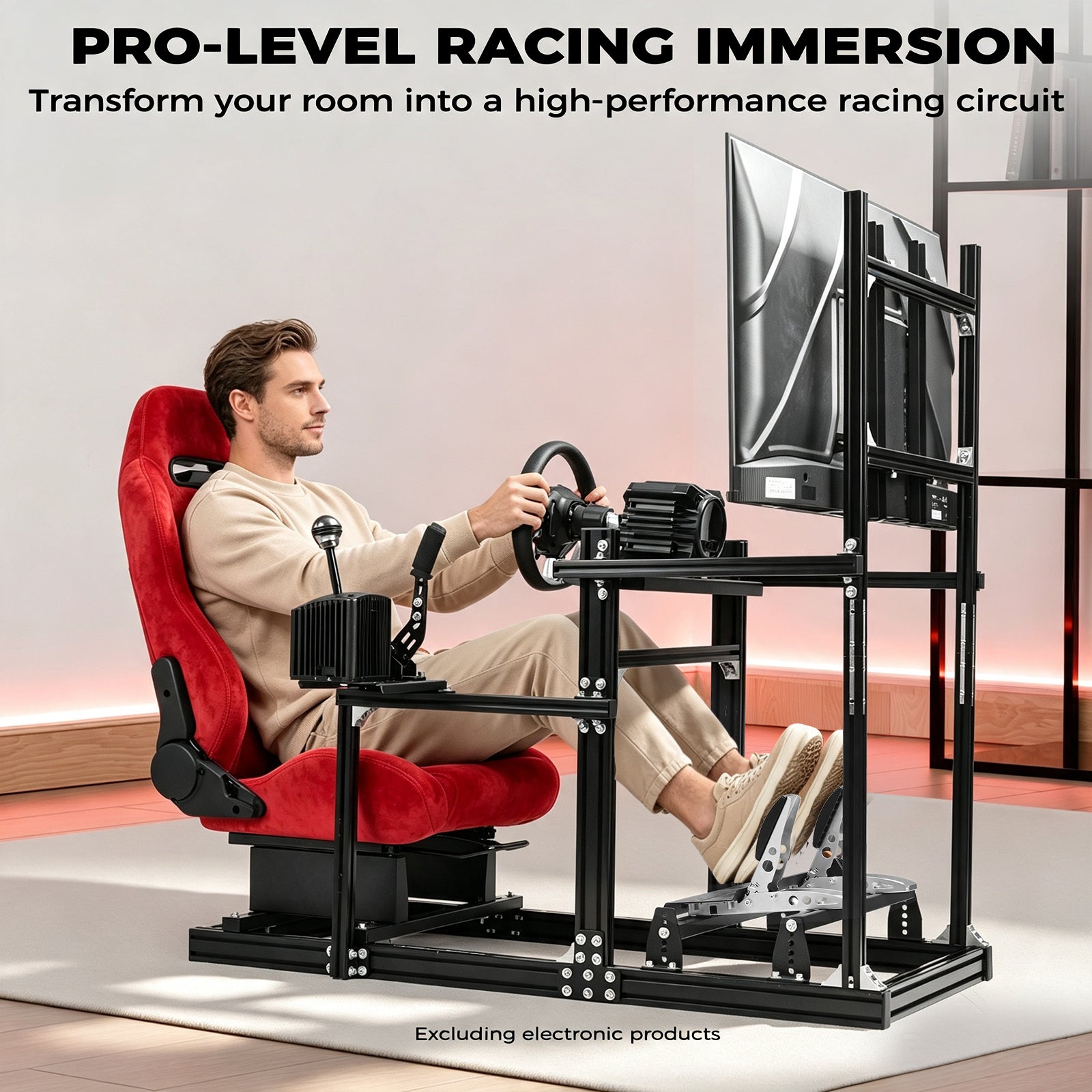 Minneer 3060&3030 Aluminium Racing Simulator Cockpit with Red Suede Seat, Fit for Fanatec, for Logitech, for Thrustmaster, Racing Stand with TV Stand, Not Include Steering Wheel, Pedals, Handbrake