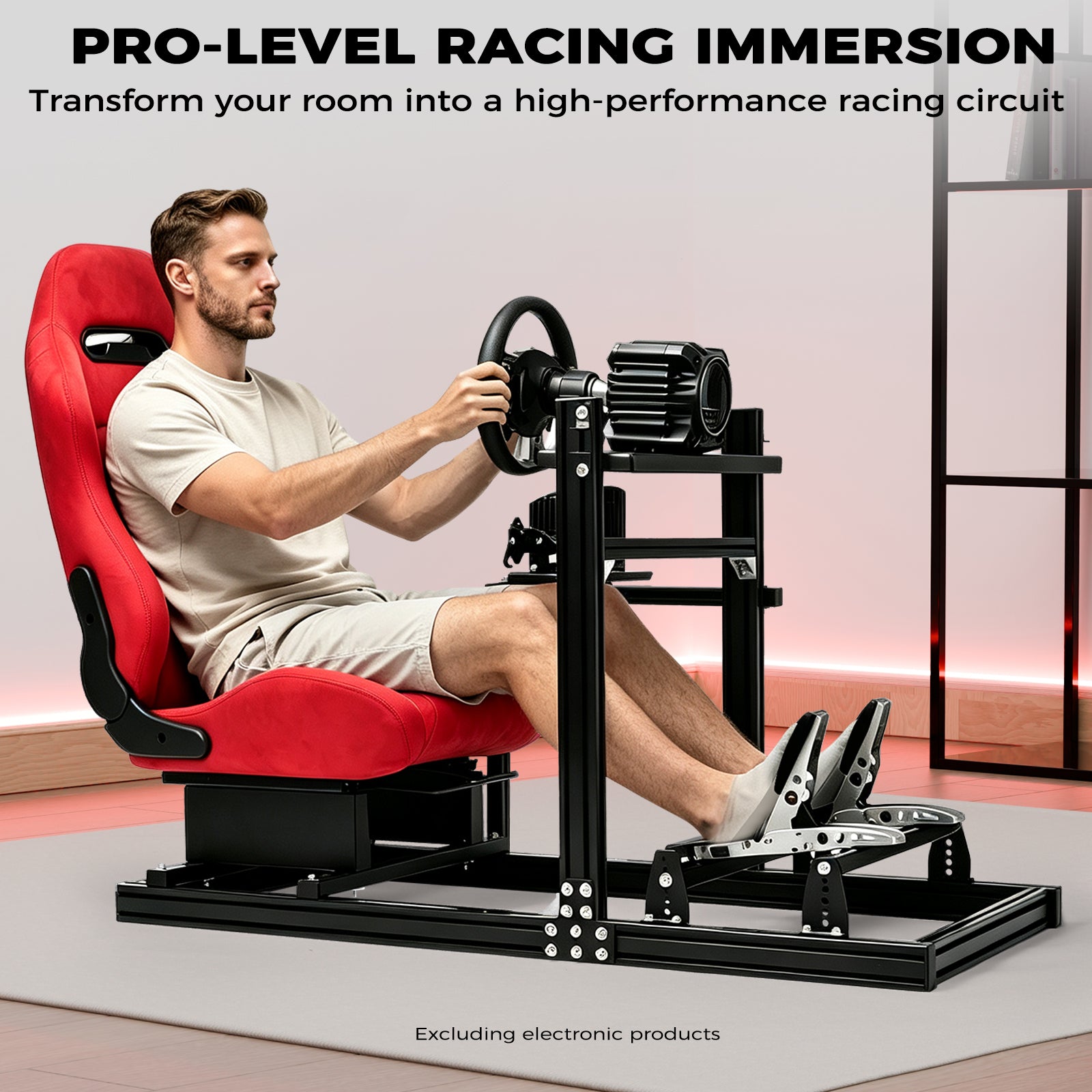 Minneer 3060&3030 Aluminium Racing Simulator Cockpit, fit for Fanatec, for Logitech, for Thrustmaster, Racing Stand with Red Suede Seat, Steering Wheel and Pedals Not Include