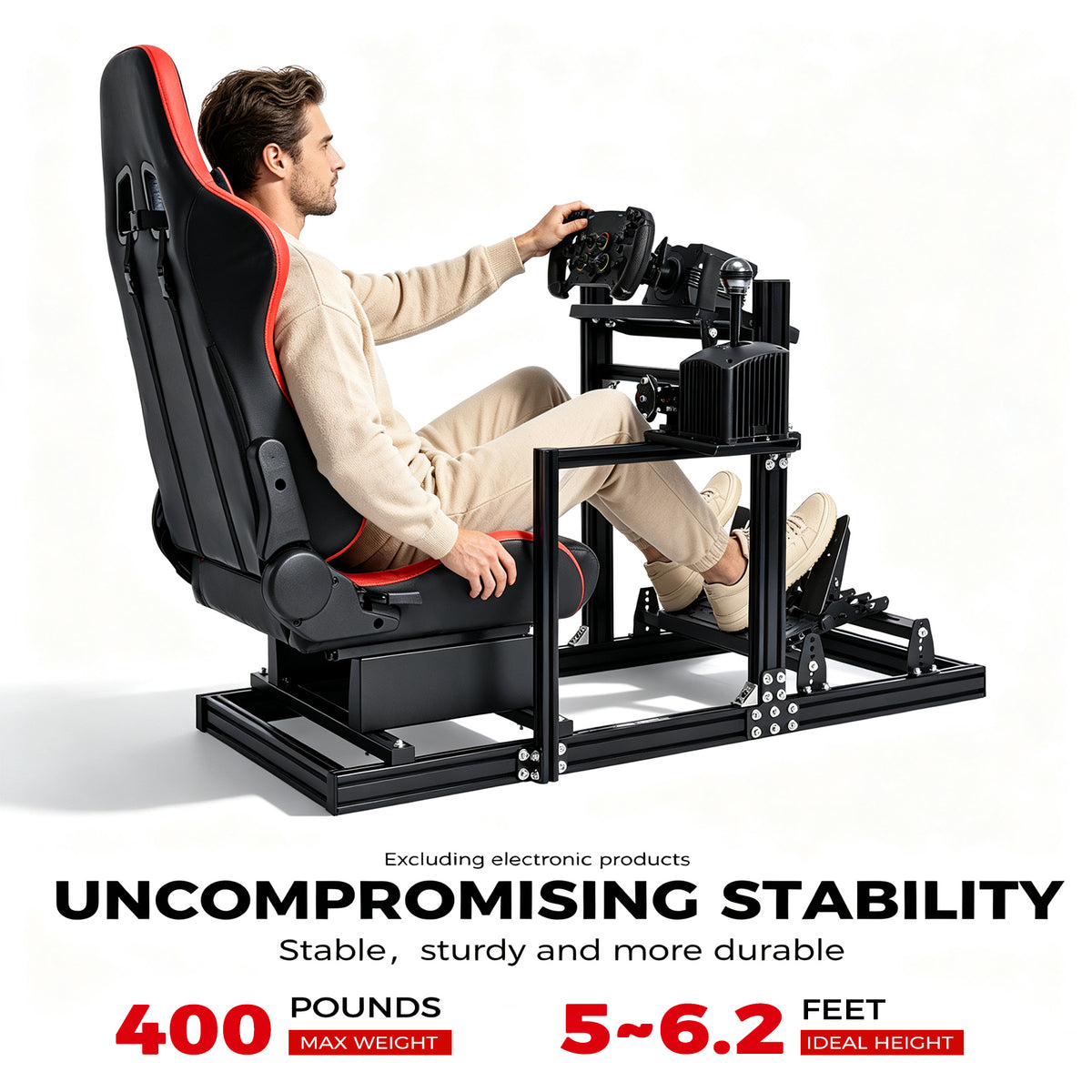 Minner Aluminum  3060 Profile Racing Simulator Cockpit with Red Seat , Unlimited Adjustment, Fit for Thrustmaster, Fanatec, Moza, Logitech G29 GPro,  Sim Frame 3040，Not Include Steering,Wheel,Pedals,Handbrake