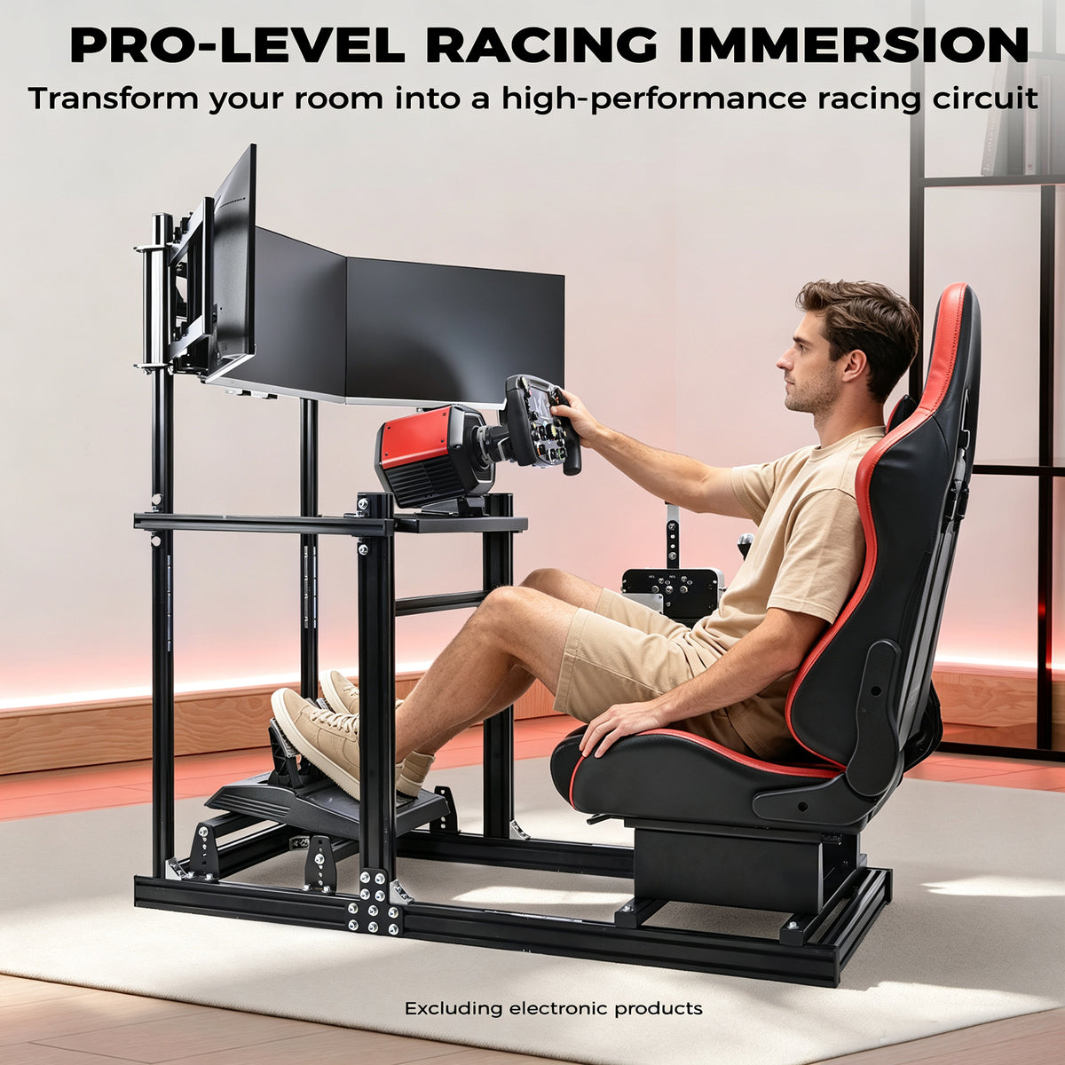 Minneer 3060 Aluminum Profiles Racing Simulator Cockpit with Red Seat and Triple Monitor Stand , Fully Adjustable, Fit for Logitech G29 G923, Steering Wheel, Pedals, and Hand Brake Not Included
