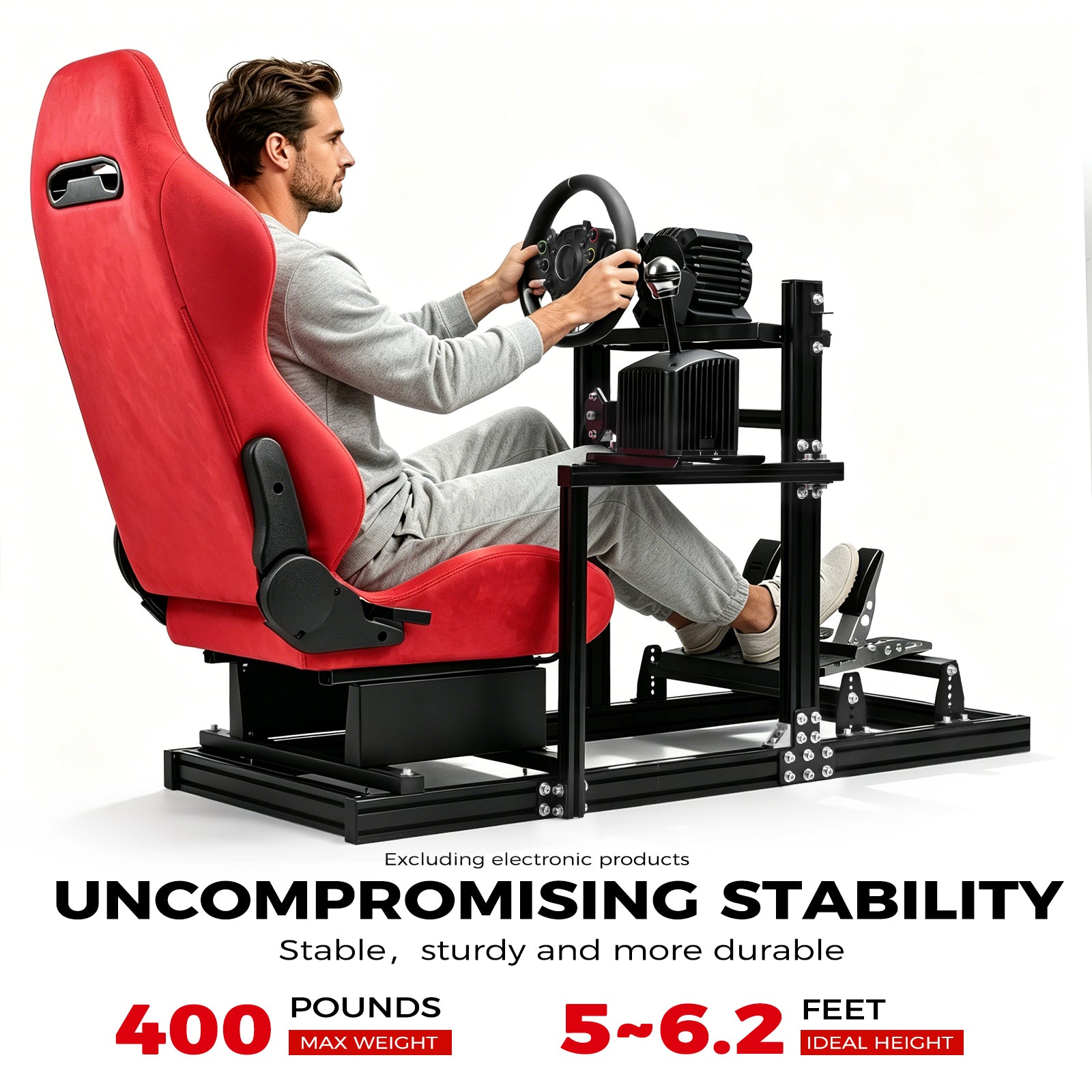 Minneer 3060&3030 Aluminium Racing Simulator Cockpit, fit for Fanatec, for Logitech, for Thrustmaster, Racing Stand with Red Suede Seat, Steering Wheel and Pedals Not Include