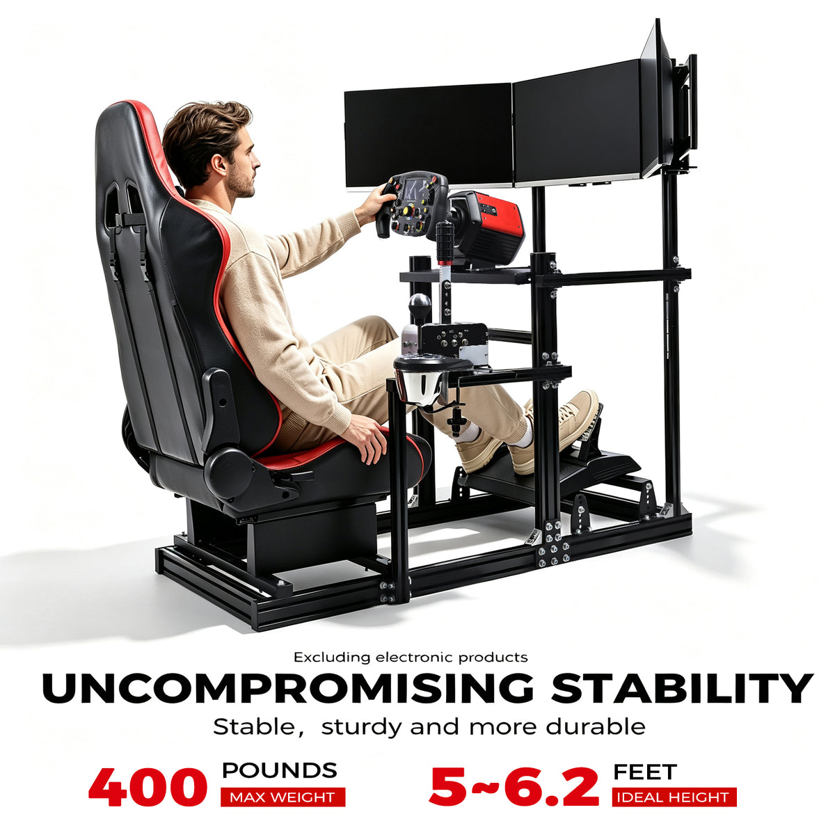 Minneer 3060 Aluminum Profiles Racing Simulator Cockpit with Red Seat and Triple Monitor Stand , Fully Adjustable, Fit for Logitech G29 G923, Steering Wheel, Pedals, and Hand Brake Not Included