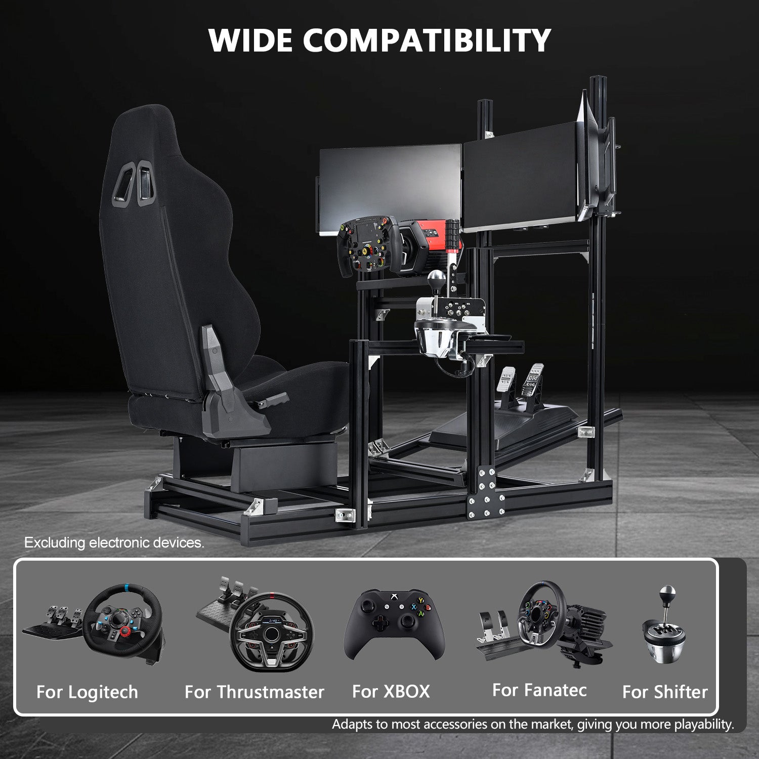 Minnee 4080 Aluminum Racing Simulator Cockpit with Black Seat and Triple Monitor stand, Fully Adjustability, Fit for Logitech, Thrustmaster, Fanatec G29 G920 T300, Not Include Steering Wheel,Pedals,Handbrake,Monitor