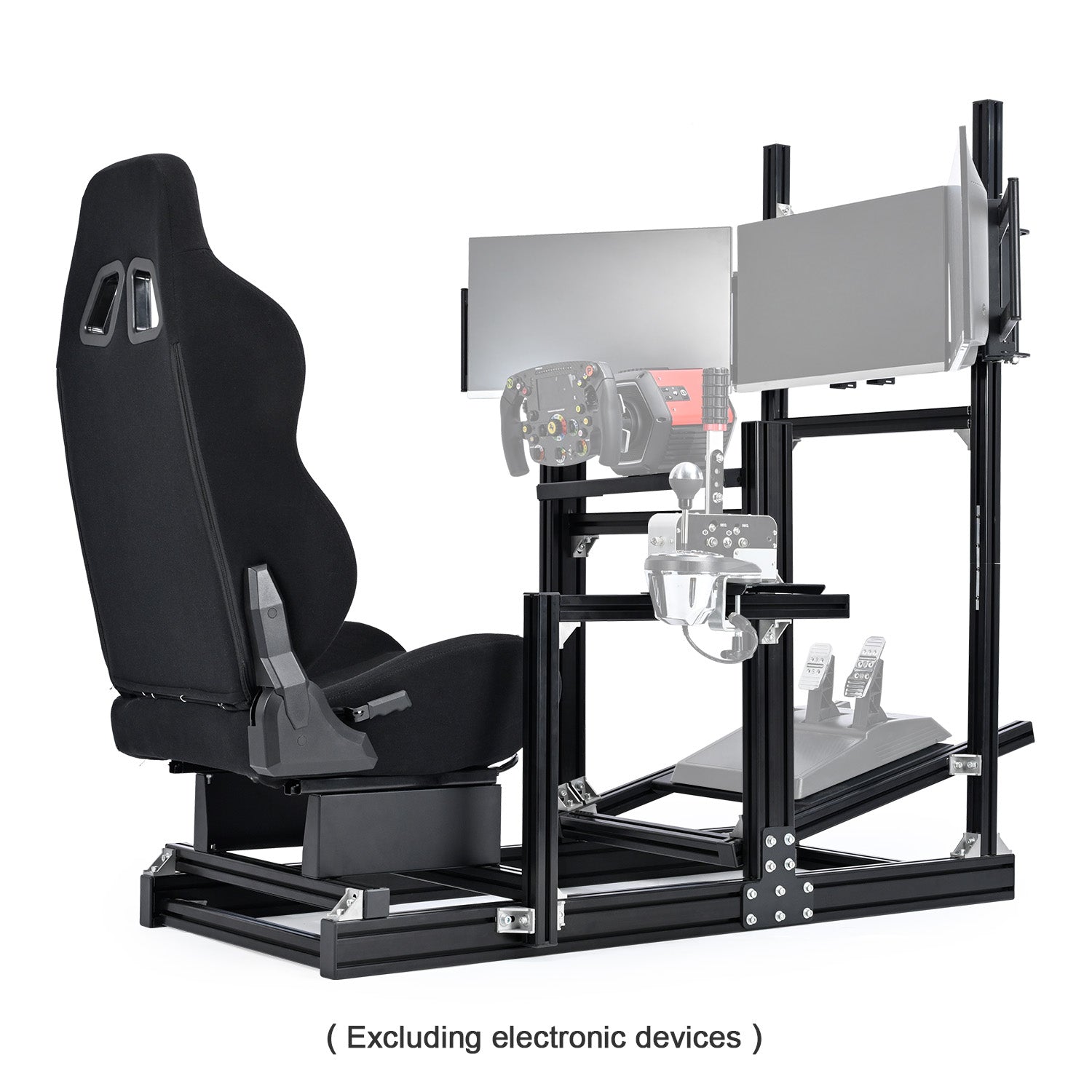 Minnee 4080 Aluminum Racing Simulator Cockpit with Black Seat and Triple Monitor stand, Fully Adjustability, Fit for Logitech, Thrustmaster, Fanatec G29 G920 T300, Not Include Steering Wheel,Pedals,Handbrake,Monitor