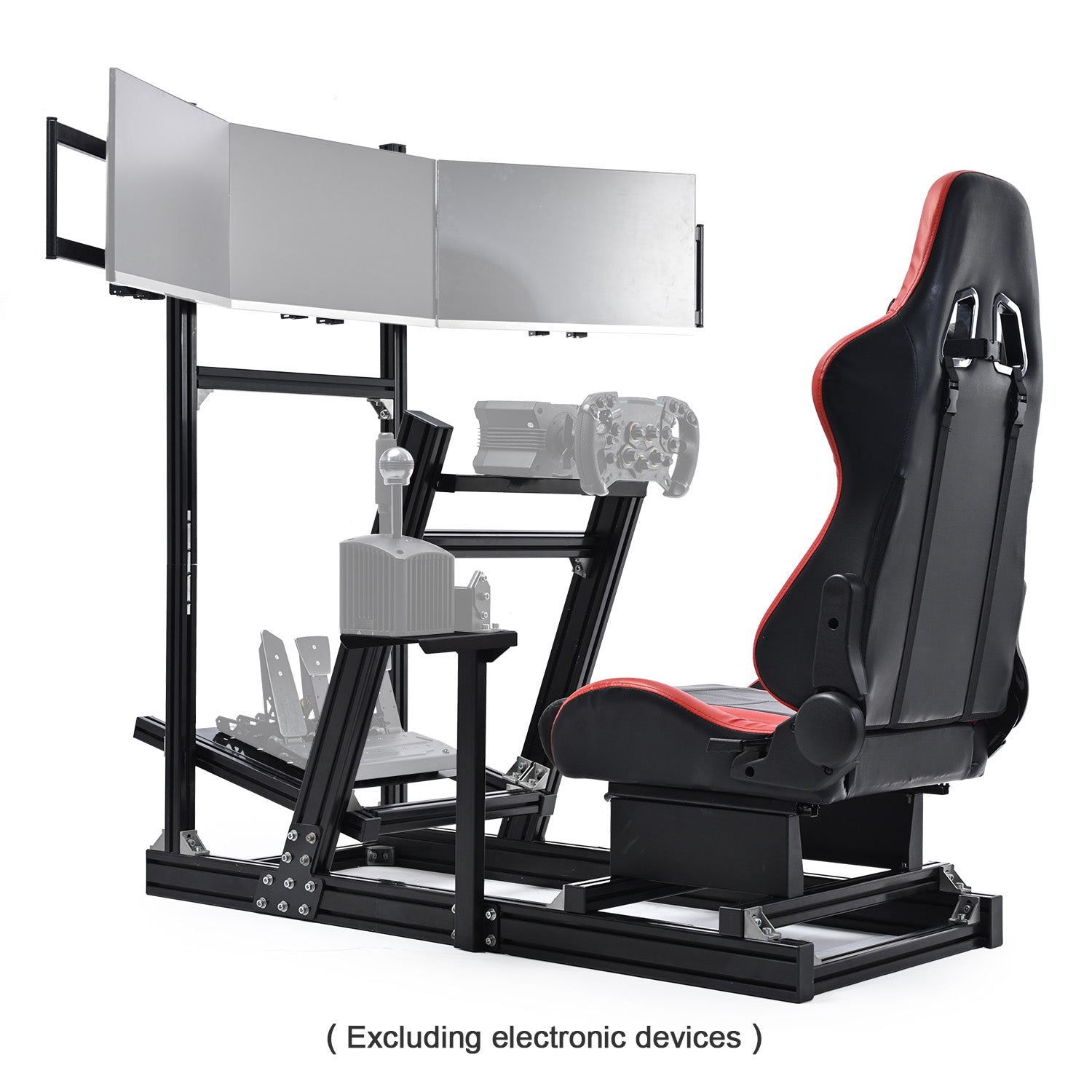 Minneer 4080 Aluminum Racing Simulator Cockpit with Black Seat and Triple Monitor Stand, Fully Adjustability, Fit for Logitech, Thrustmaster, Fanatec G29 G920 T248, Not Include Steering Wheel,Pedals,Handbrake,Monitor
