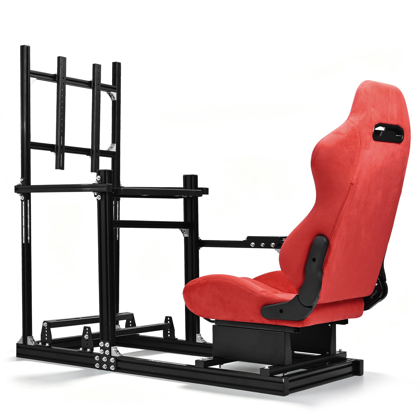 Minneer 3060&3030 Aluminium Racing Simulator Cockpit with Red Suede Seat, Fit for Fanatec, for Logitech, for Thrustmaster, Racing Stand with TV Stand, Not Include Steering Wheel, Pedals, Handbrake