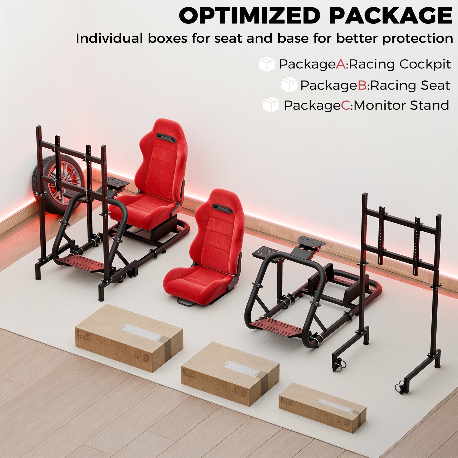 Minneer Racing Steering Wheel Stand with Red Suede Seat and Monitor Stand, Fit for Logitech G29 G920, for Thrustmaster T248, for Fanatec, Gaming Simulator Cockpit, Not Include Wheel, Pedal and Handbrake