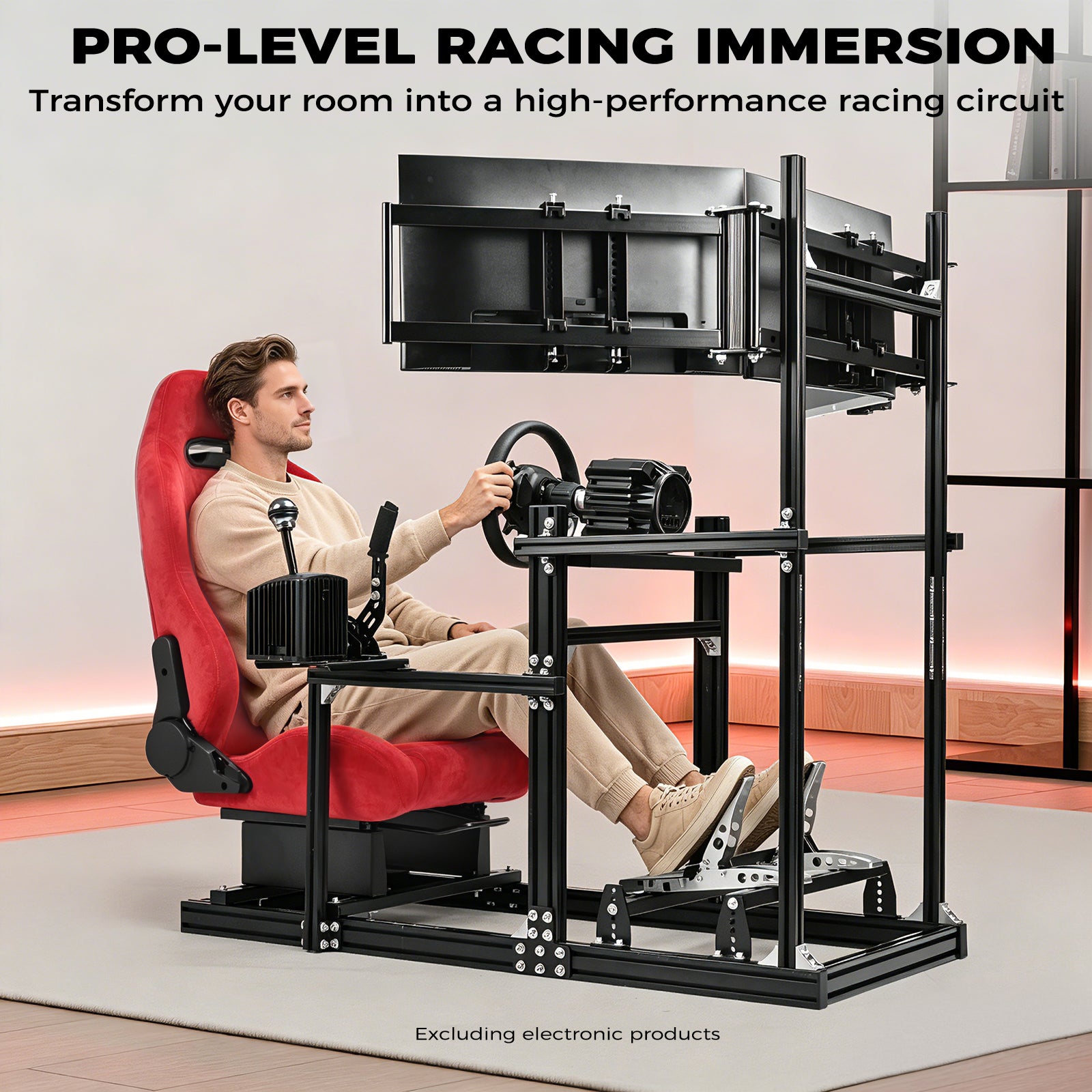 Minneer 3060&3030 Aluminium Racing Simulator Cockpit with Red Suede Seat, fit for Fanatec, for Logitech, for Thrustmaster, Racing Stand with Triple TV Mount, Steering Wheel and Pedals Not Include