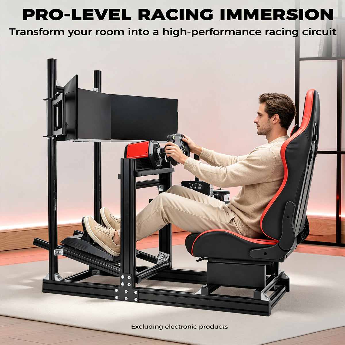 Minneer 4080 Aluminium Profile Racing Sim Cockpit with Red Seat and Triple Monitor Stand, Fully Adjustability, Fit for Logitech,Thrustmaster, Fanatec G29 G923 T248,  Not Include Steering Wheel,Pedals,Handbrake
