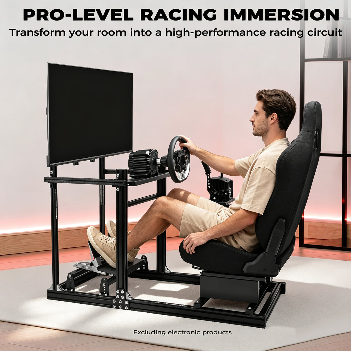 Minneer 3060 Racing Simulator Cockpit with Black Seat and TV Stand, Ultra Strength and Rigidity, Fits Logitech G29 G923, Analog Frame 3060, Steering Wheel, Pedals, and Hand Brake Not Included