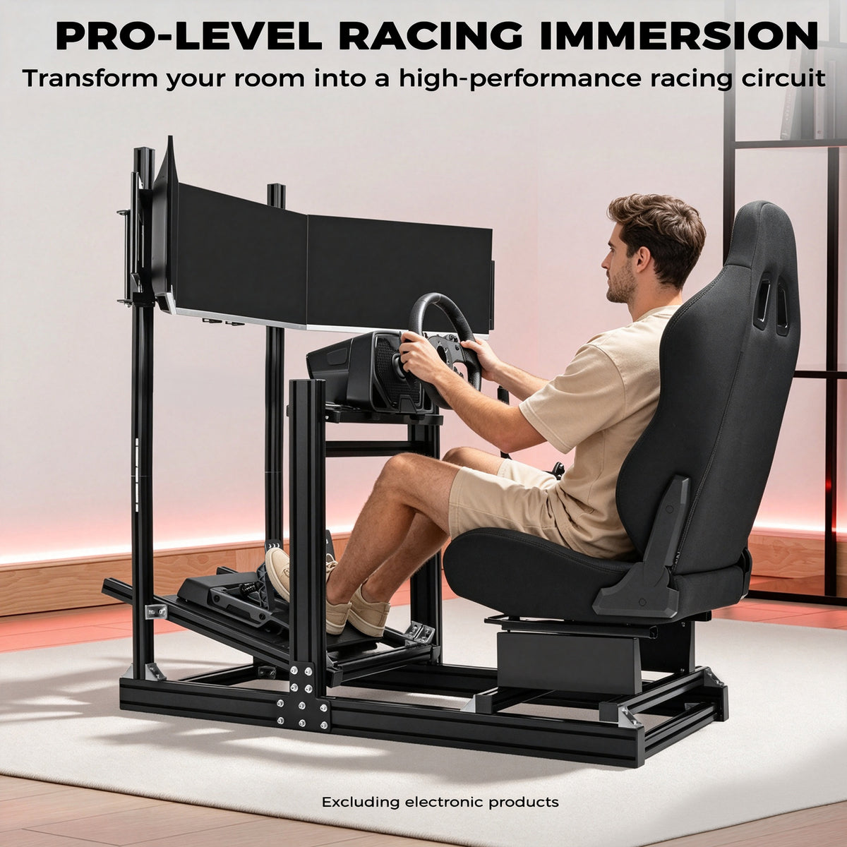 Minnee 4080 Aluminum Racing Simulator Cockpit with Black Seat and Triple Monitor stand, Fully Adjustability, Fit for Logitech, Thrustmaster, Fanatec G29 G920 T300, Not Include Steering Wheel,Pedals,Handbrake,Monitor