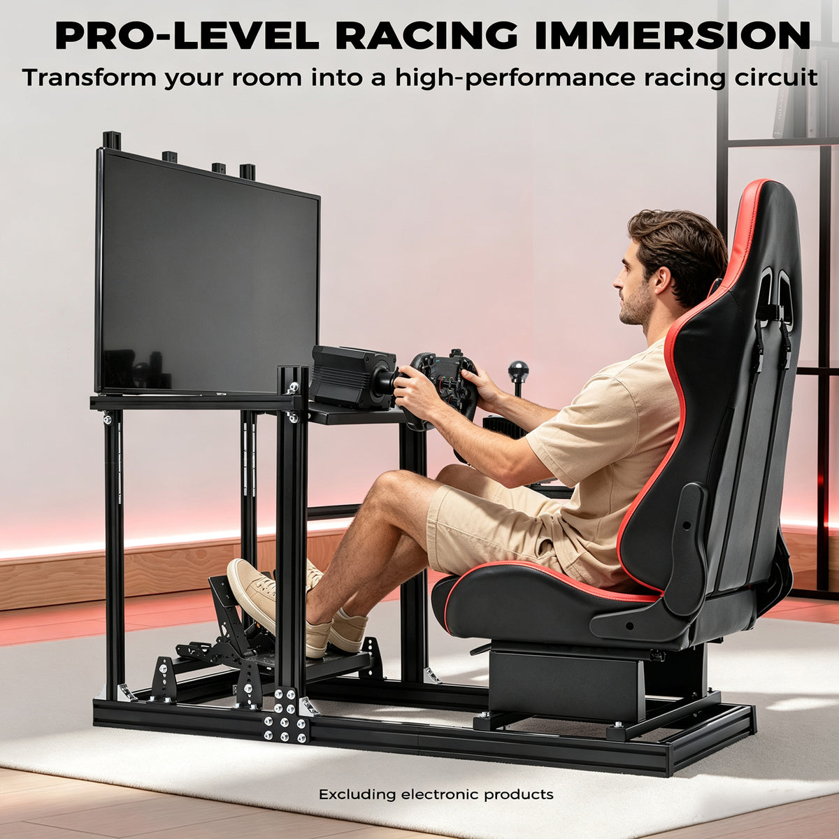Minneer 3060 Racing Simulator Cockpit with Red Seat & TV Stand ,Ultra Strength & Rigidity, Fit for Logitech G29 G923, Sim frame 3060, Not Include Steering Wheel,Pedals,Handbrake