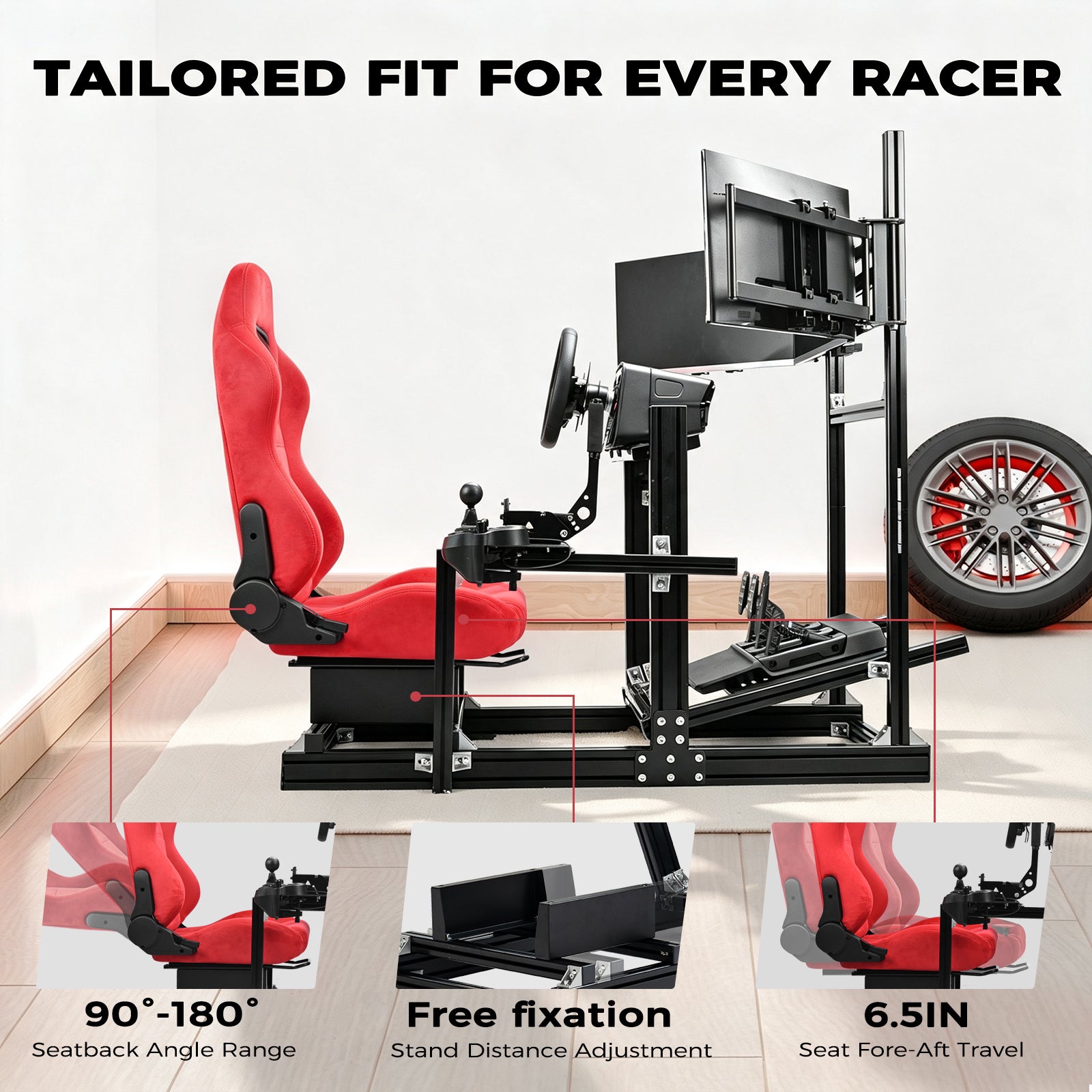 Minneer 4080 Aluminium Profile Racing Sim Cockpit with Red Suede Seat and Triple Monitor Stand, Fully Adjustability, Fit for Logitech,Thrustmaster, Fanatec G29 G923 T248,  Not Include Steering Wheel,Pedals,Handbrake