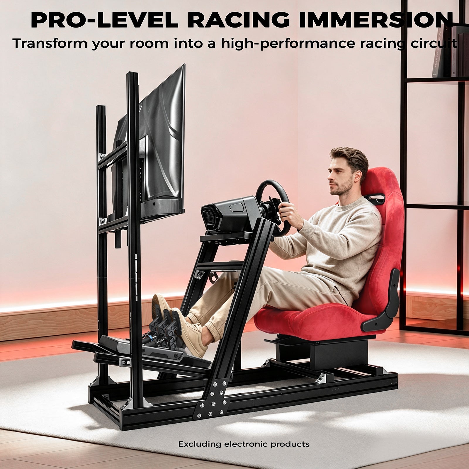 Minneer Racing Simulator Cockpit with Red Suede Seat and Monitor Stand Aviation Aluminum Alloy Fit for Logitech G29,for Thrustmaster T248,for Fanatec Racing Seats Adjustable, Wheel Pedal Handbrake Not Include