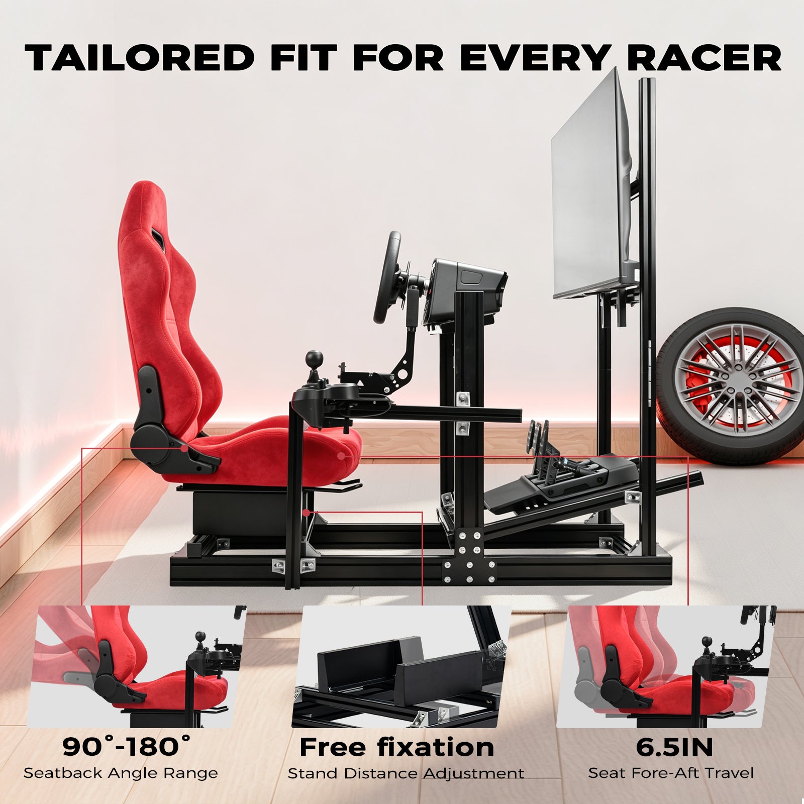Minneer Racing Simulator Cockpit with Red Suede Seat and Monitor Stand, Fit for Logitech G29 G920 G923, for Thrustmaster, for Fanatec T128, Adjustable Steering Wheel Stand, Not Included Wheel,Pedals and Shifter