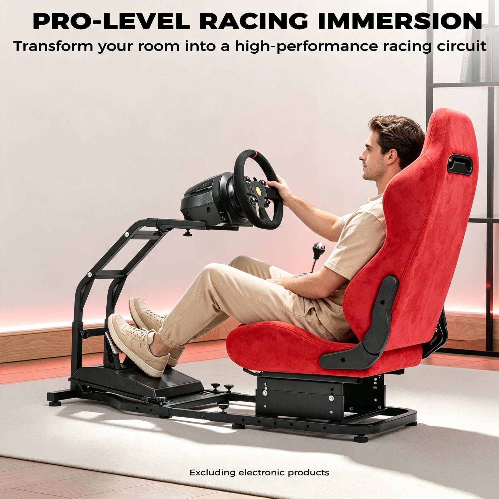 Minneer Driving Sim Cockpit with  Red Suede Seat  Unobstructed Design for Both Legs Fit for Logitech/Thrustmaster G29,G920,G923,G25&T300RS,T80,T150 Adjustable No Steering Wheel, Handbrake, Pedals