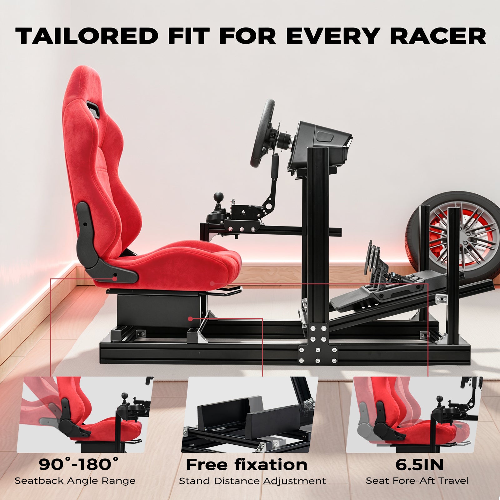 Minneer Racing Simulator Stand With Red Suede Seat  Fit for Logitech G29 G920, for Thrustmaster T80, for Fanatec,Adjustable Steering Wheel Stand,Not Included Wheel,Pedals & Shifter