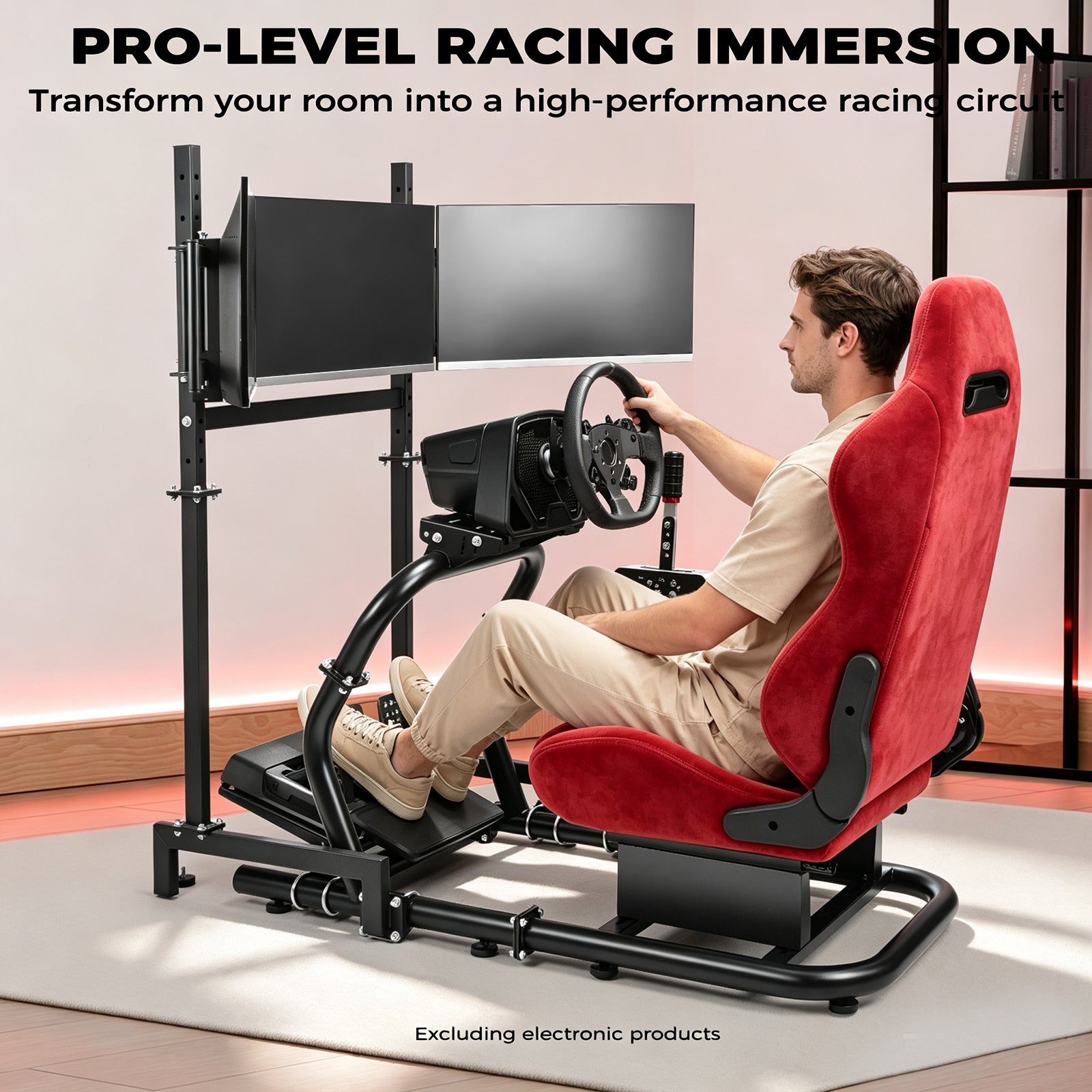 Minneer 50MM Adjustable Racing Cockpit with Red Suede Seat Triple Monitor stand Fit for Logitech G29 G920 G923, for Thrustmaster, for Fanatec Adjustable Racing Wheel Stand, Gaming Race Cockpit Without Steering Wheel Pedal Shifter