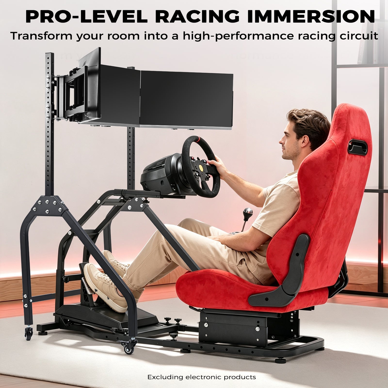 Minneer Steering Wheel Stand Racing Cockpit with Red Suede Seat Triple Monitor stand ,Unobstructed Design for Both Legs,Fit for Logitech/Thrustmaster G29,G920,G923,G25&T300RS,T80,T150 Adjustable, No Steering Wheel, Handbra