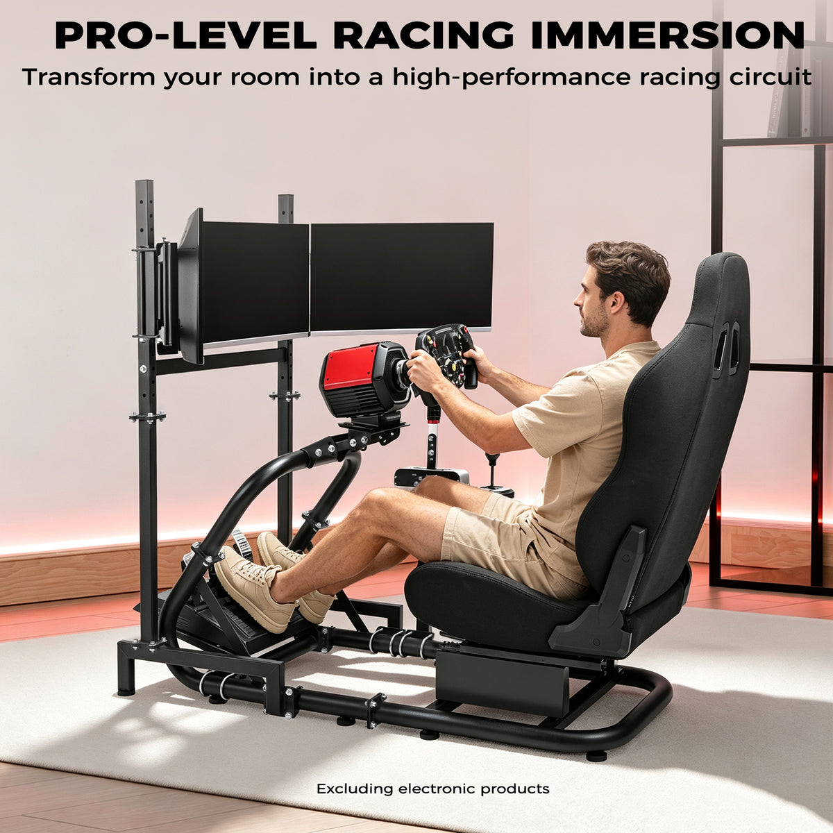 Minneer  Racing Simulator Cockpit with triple monitor stand and black seat Compatible with Logitech/Thrustmaster/Fanatec G29 G920 G923 T300RS CSL-DD, excludes steering wheel, pedals, monitor and gear shifter