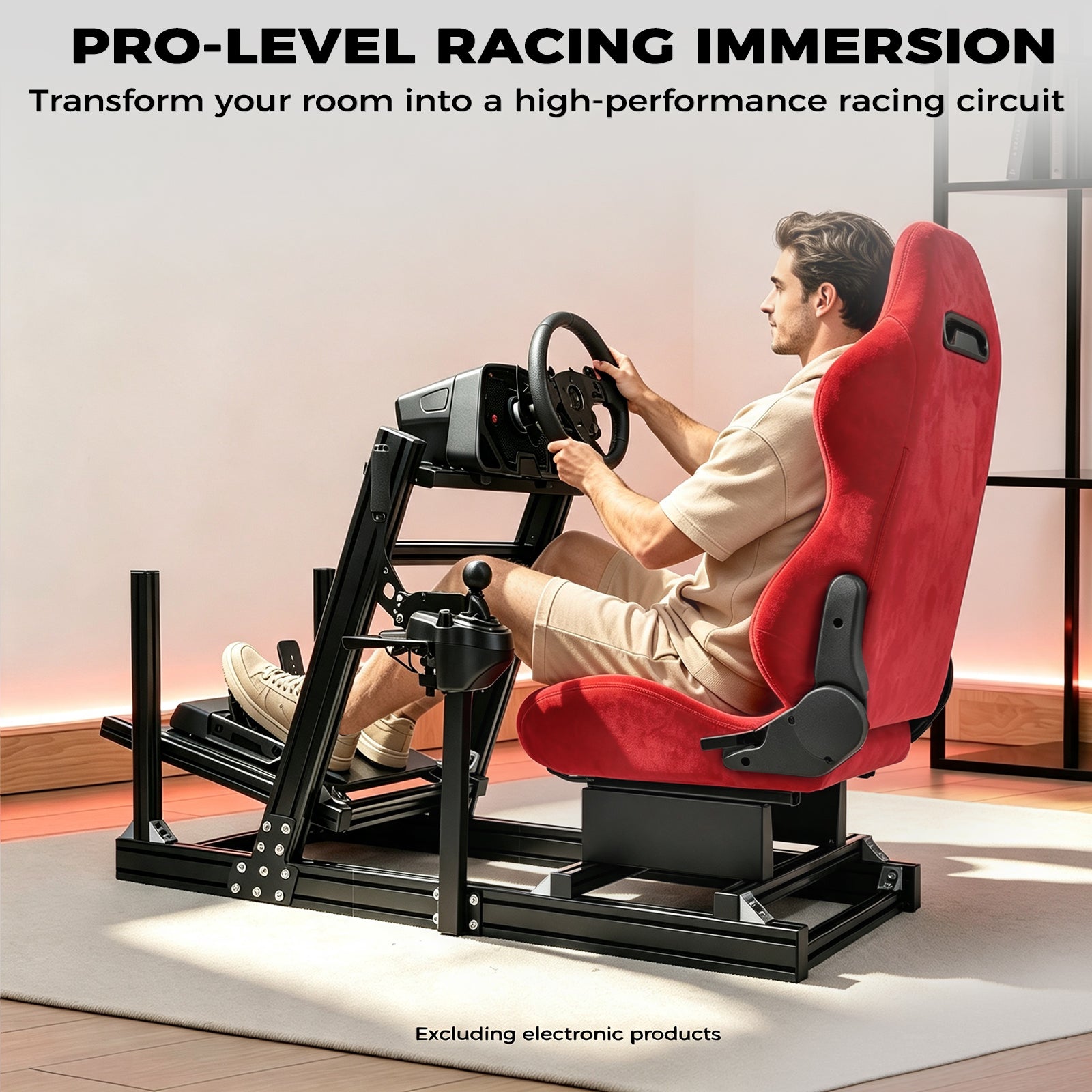 Minneer Racing Simulator Stand With Red Suede Seat, Cockpit Made Of 8040 Aluminum Profiles, Compatible With Fanatec, Moza, Logitech, And Thrustmaster Direct-Drive Steering Wheels; Does Not Include Steering Wheel, Pedals, Or Handbrake.