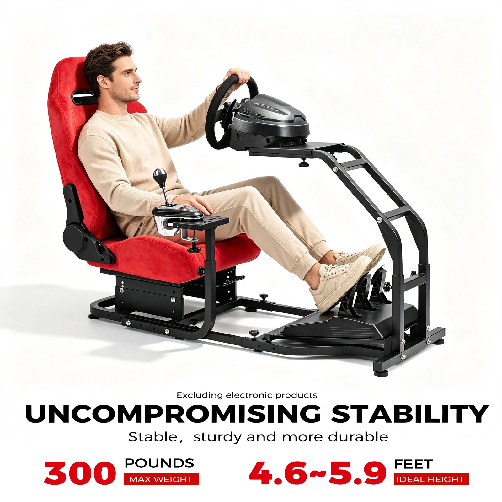 Minneer Driving Sim Cockpit with  Red Suede Seat  Unobstructed Design for Both Legs Fit for Logitech/Thrustmaster G29,G920,G923,G25&T300RS,T80,T150 Adjustable No Steering Wheel, Handbrake, Pedals