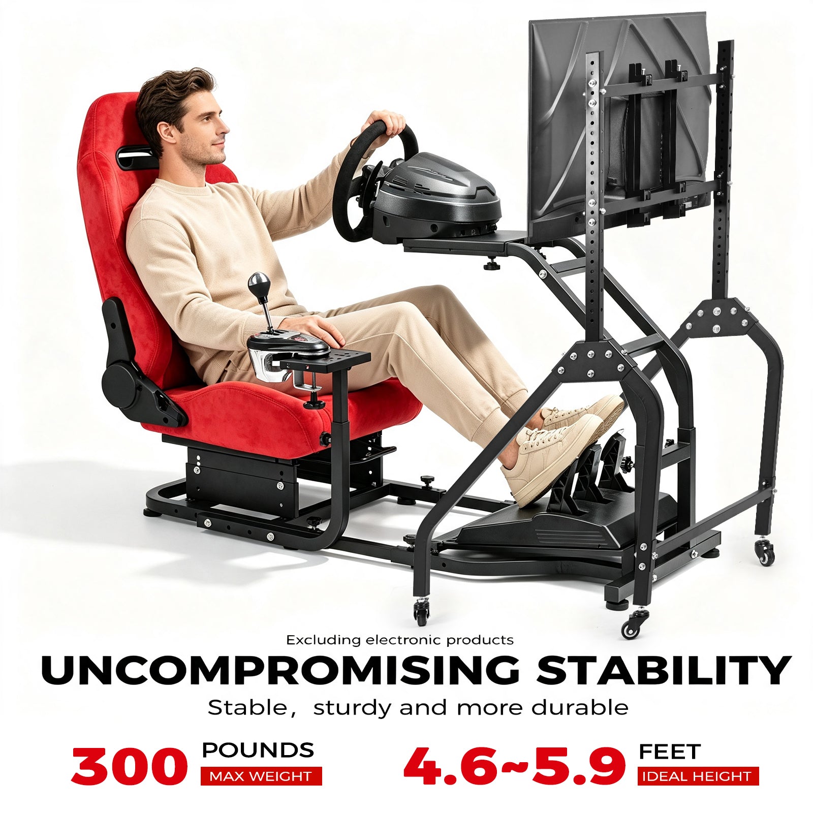 Minneer Adjustable Racing Simulator Cockpit with Red Suede Seats and Movable Monitor Stand, Fit for Logitech G Pro, for Thrustmaster T818, for Fanatec CSLDD, Electronics not included