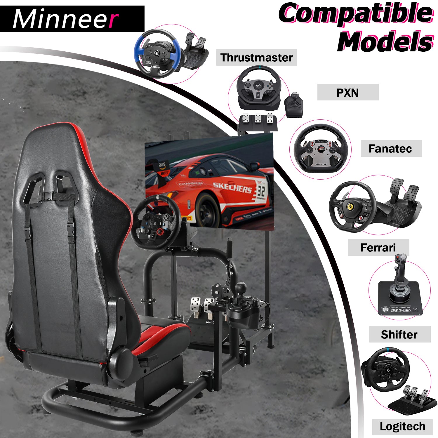 Minneer Racing Simulator Cockpit with Seat TV Stand Fit Logitech GPRO Fanatec CSL-DD