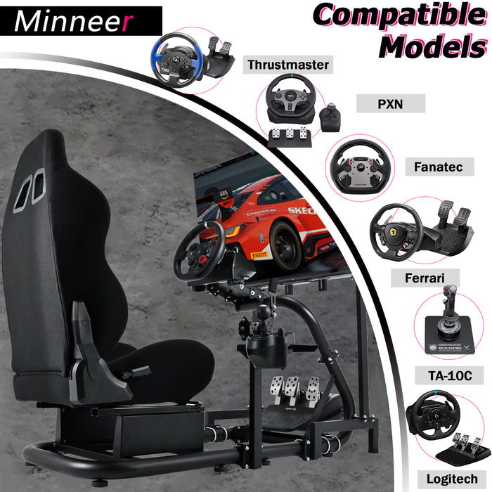 Minneer™ Flying G920/G29 Racing Gaming Simulator Cockpit Applicable to Thrustmaster T248PS/T248XBox Racing Steel Wheel Frame U-Bolts With Display Bracket Adjustable Height Wheel Pedals NOT Included(Black Seat)