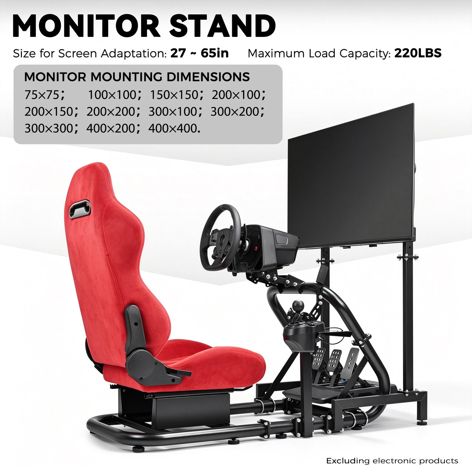 Minneer Racing Steering Wheel Stand with Red Suede Seat and Monitor Stand, Fit for Logitech G29 G920, for Thrustmaster T248, for Fanatec, Gaming Simulator Cockpit, Not Include Wheel, Pedal and Handbrake