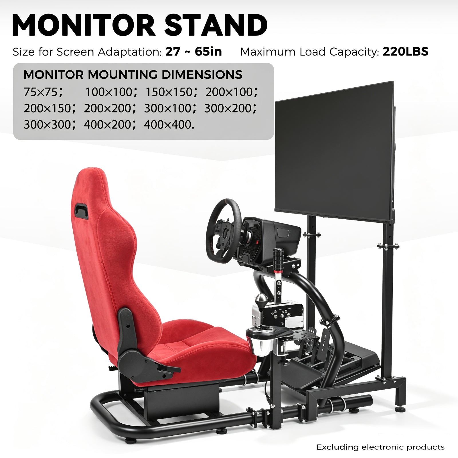 Minneer 50MM Adjustable Racing Cockpit with Red Suede Seat and Monitor Stand, Fit for Logitech G29 G920 G923, for Thrustmaster, for Fanatec, Adjustable Racing Wheel Stand, Gaming Race Cockpit Without Steering Wheel Pedal Shifter