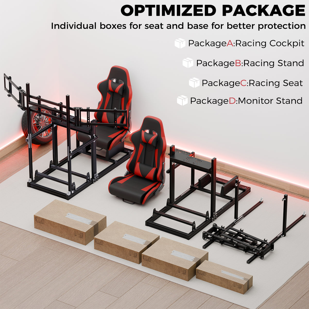 Minneer 3060 Aluminum Profiles Racing Simulator Cockpit with Red Seat and Triple Monitor Stand , Fully Adjustable, Fit for Logitech G29 G923, Steering Wheel, Pedals, and Hand Brake Not Included