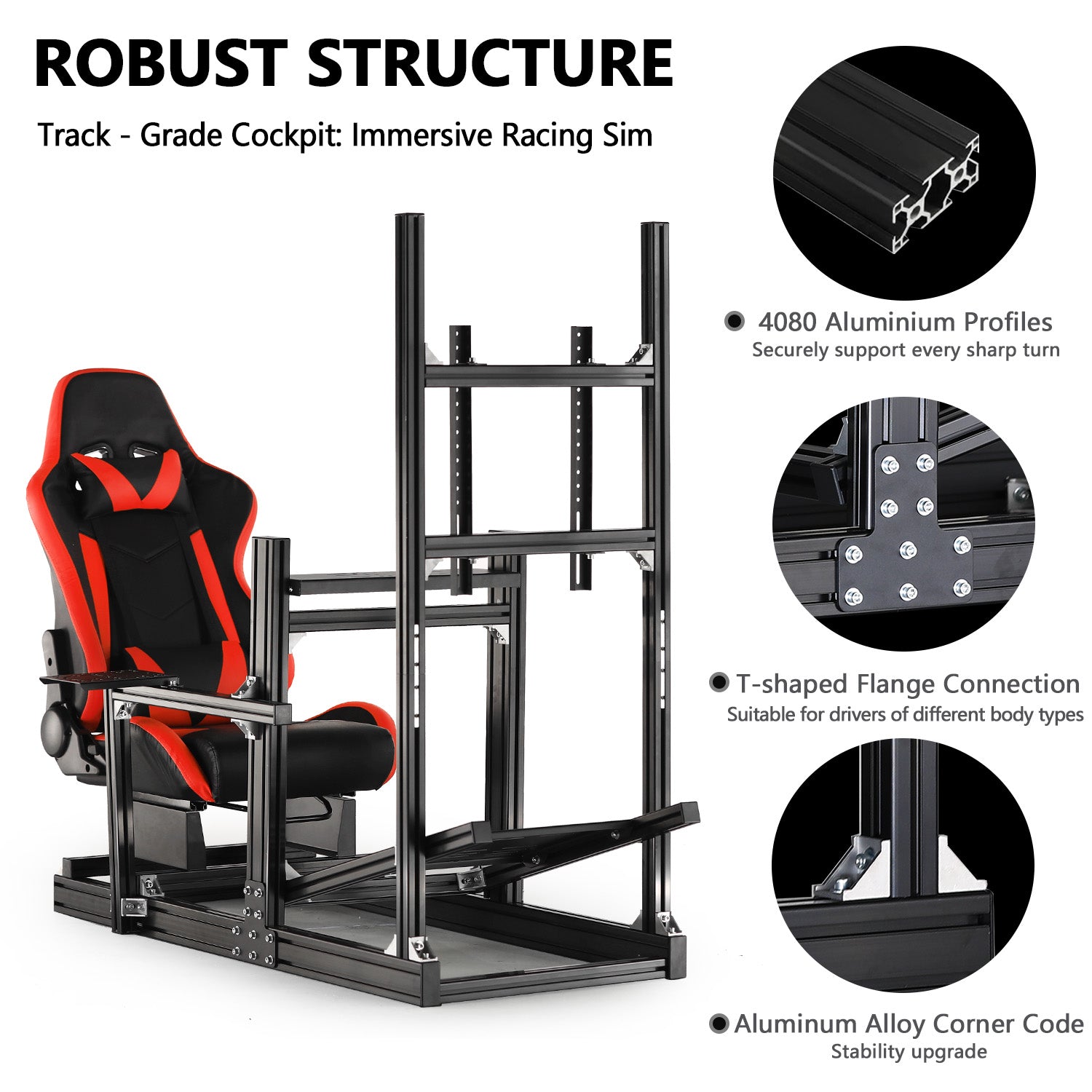 Minneer 4080 Aluminium Profile Racing Sim Cockpit with Red Seat and Monitor Stand, Fully Adjustability, Fit for Logitech,Thrustmaster, Fanatec G29 G923 T248,  Not Include Steering Wheel,Pedals,Handbrake