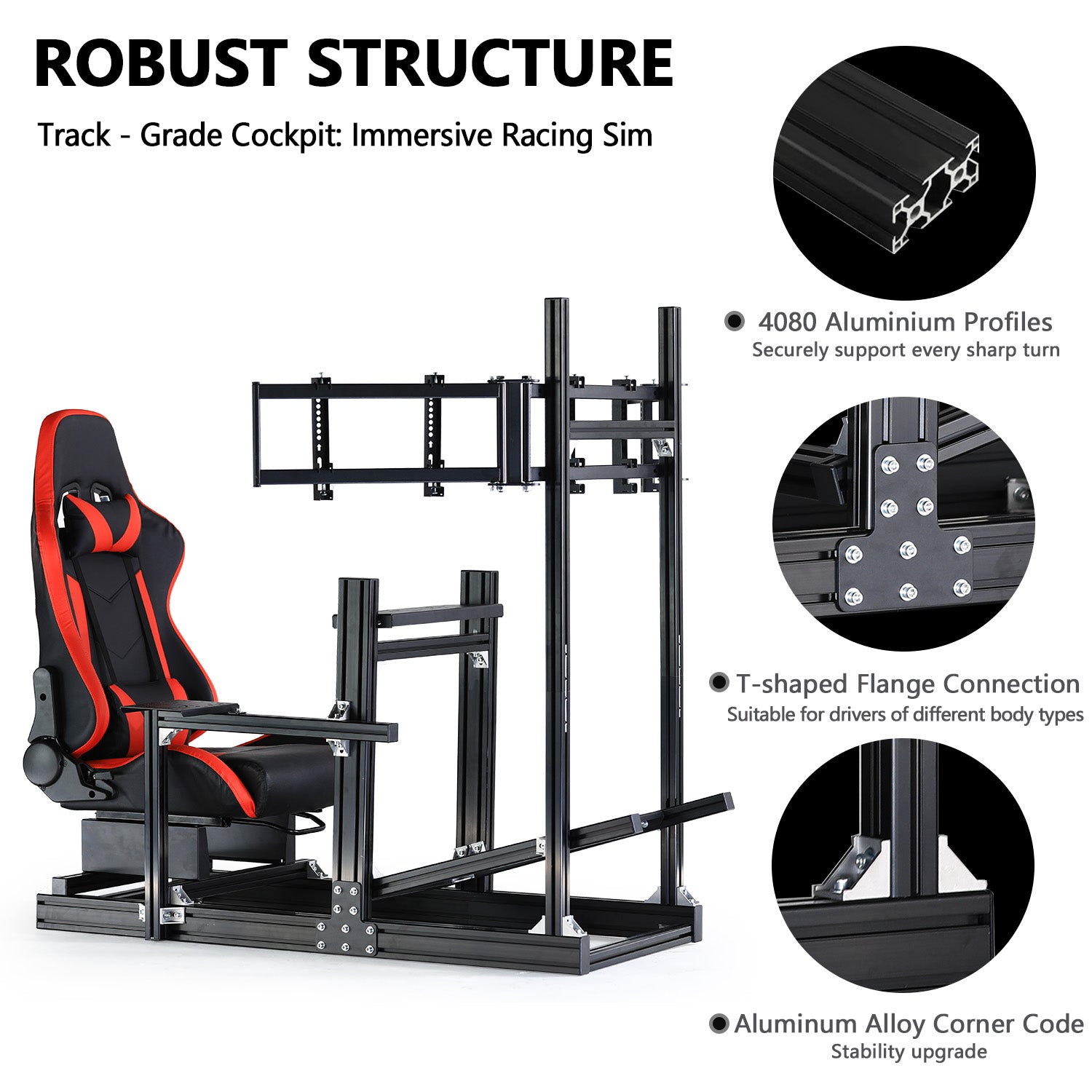Minneer 4080 Aluminium Profile Racing Sim Cockpit with Red Seat and Triple Monitor Stand, Fully Adjustability, Fit for Logitech,Thrustmaster, Fanatec G29 G923 T248,  Not Include Steering Wheel,Pedals,Handbrake
