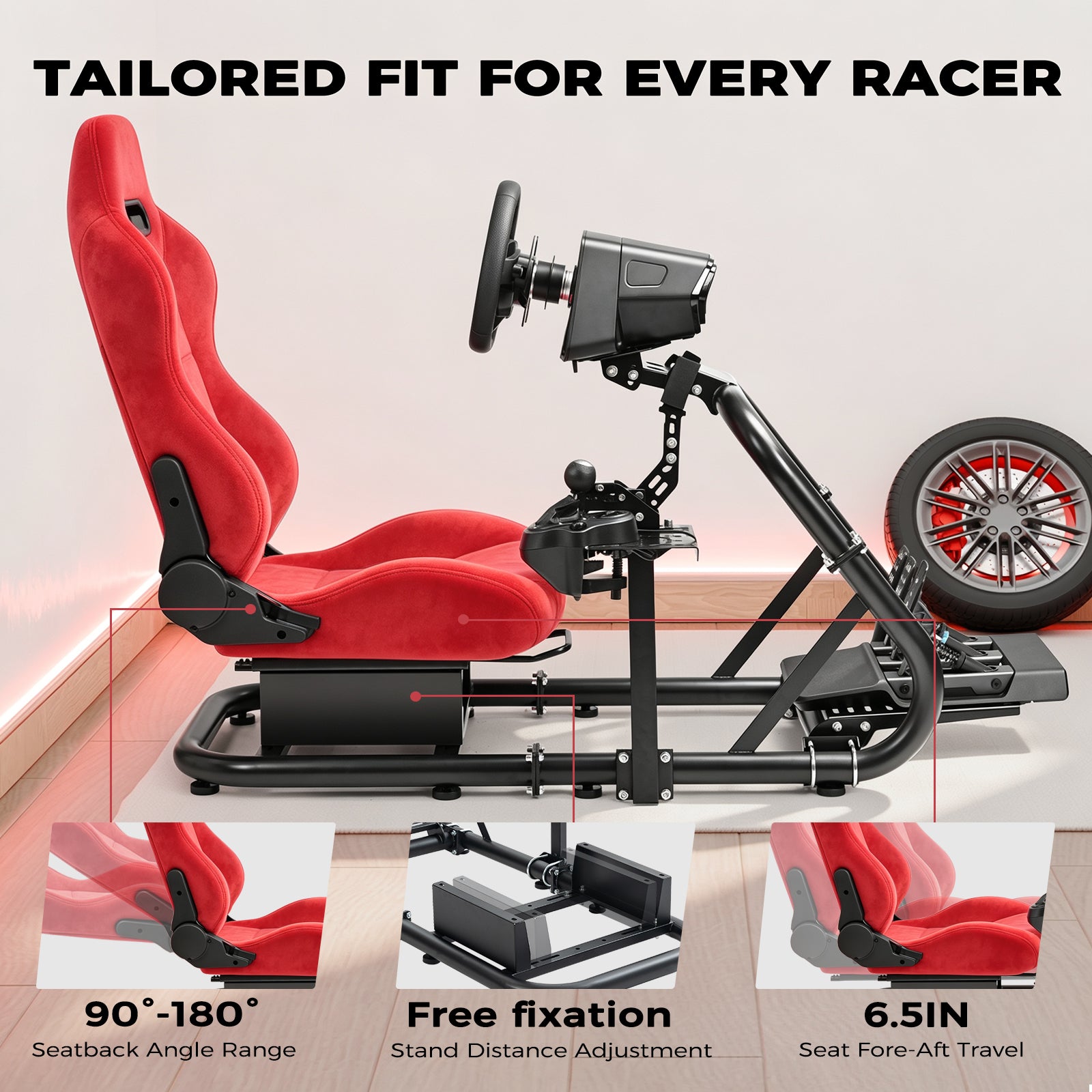 Minneer Racing Steering Wheel Stand with Red Suede Seat Fit for Logitech G29 G920, for Thrustmaster T248, for Fanatec,Gaming Simulator Cockpit, Wheel Pedal Handbrake Not Included