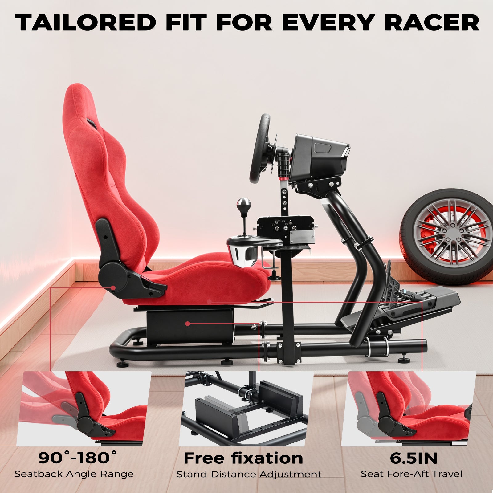 Minneer 50MM Adjustable Racing Cockpit with Red Suede Seat Fit for Logitech G29 G920 G923, for Thrustmaster, for Fanatec Adjustable Racing Wheel Stand, Gaming Race Cockpit Without Steering Wheel Pedal Shifter