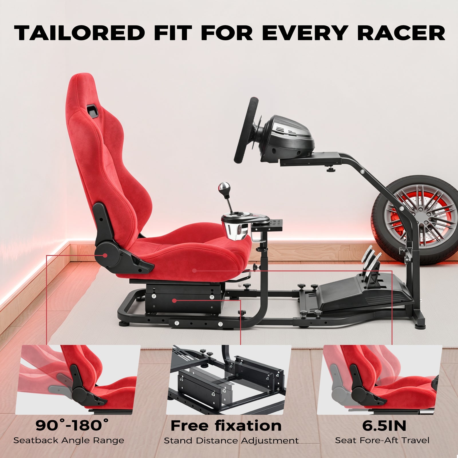 Minneer Driving Sim Cockpit with  Red Suede Seat  Unobstructed Design for Both Legs Fit for Logitech/Thrustmaster G29,G920,G923,G25&T300RS,T80,T150 Adjustable No Steering Wheel, Handbrake, Pedals