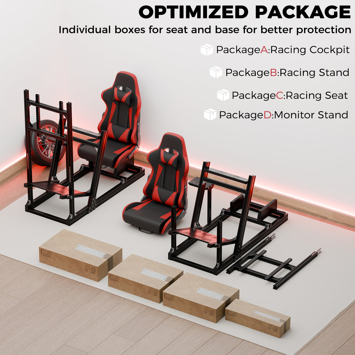 Minneer 4080 Aluminum Profile Racing Simulator Cockpit with Red Seat and Monitor Stand, Fully Adjustability, Fit for Logitech, Thrustmaster, Fanatec G29 G920 T248, Not Include Steering Wheel,Pedals,Handbrake,Monitor