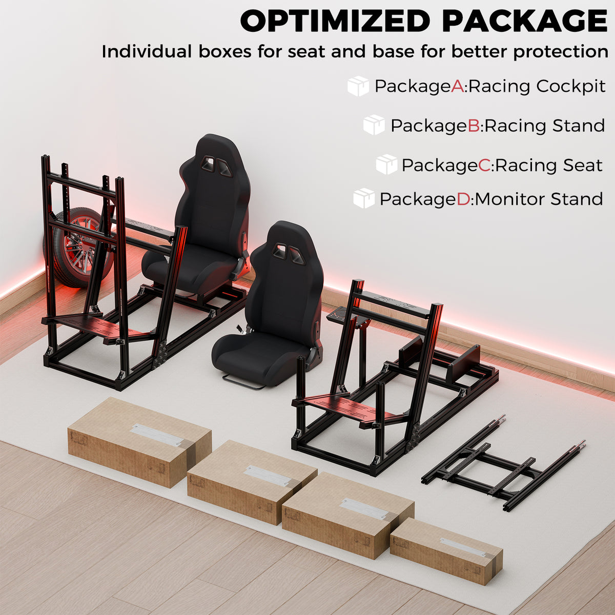 Minneer 4080 Aluminum Profile Racing Simulator Cockpit with Red Seat and Monitor Stand, Fully Adjustability, Fit  for Logitech G920 & G923, Xbox, Thrustmaster T300Rs, Sim Frame 8040, without Steering Wheel, Pedals, Handbrak and Monitor