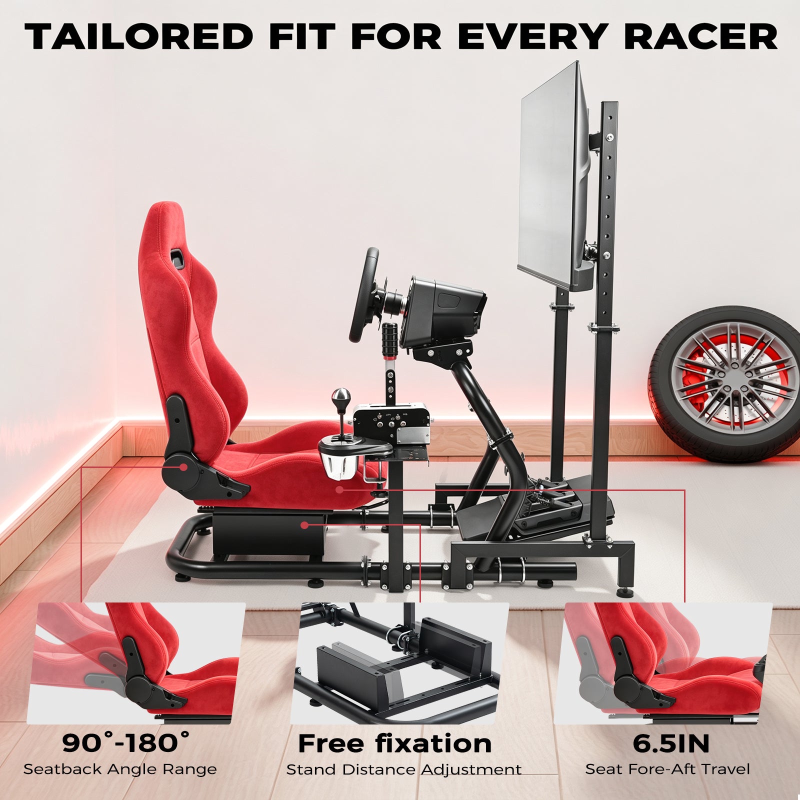 Minneer 50MM Adjustable Racing Cockpit with Red Suede Seat and Monitor Stand, Fit for Logitech G29 G920 G923, for Thrustmaster, for Fanatec, Adjustable Racing Wheel Stand, Gaming Race Cockpit Without Steering Wheel Pedal Shifter