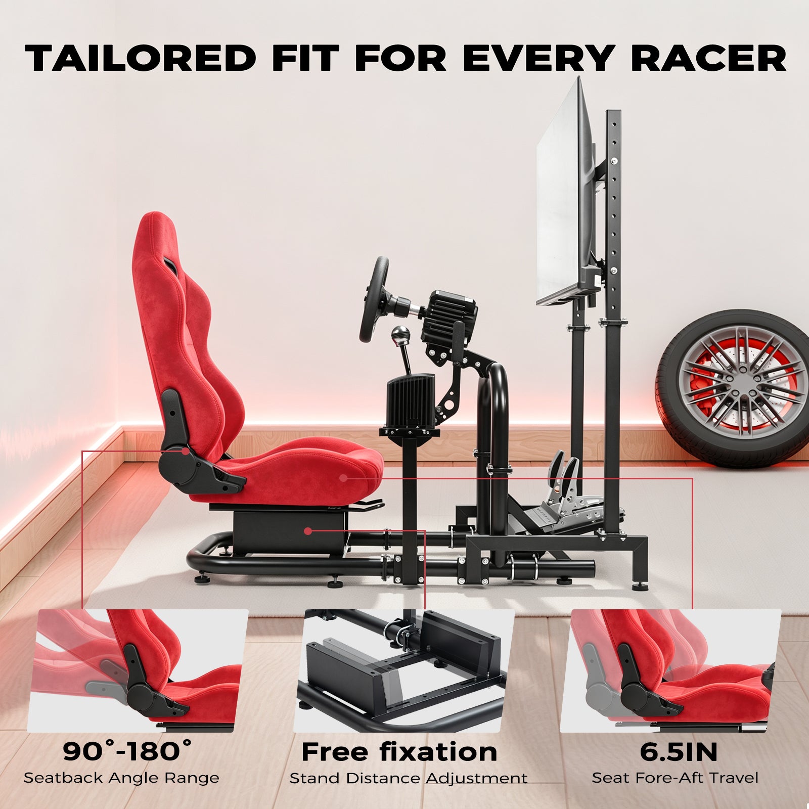 Minneer Stable Racing Simulator Cockpit with Red Suede Seat and Monitor Stand, Fit for Logitech G29 G920, for Thrustmaster T248 T300, for Fanatec, Racing Wheel Stand, Wheel Pedal Handbrake Not Included